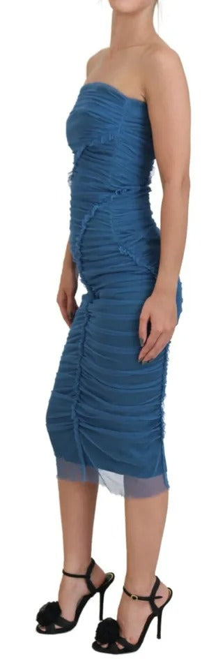 Dolce &amp; Gabbana Blue Mesh Trim Ruched Tulle Skede Kjole
