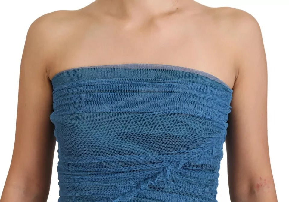 Dolce &amp; Gabbana Blue Mesh Trim Ruched Tulle Skede Kjole