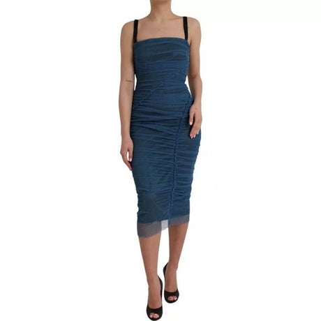 Dolce & Gabbana Blue Mesh Trim Ruched Tulle Sheath Dress - Hilstor