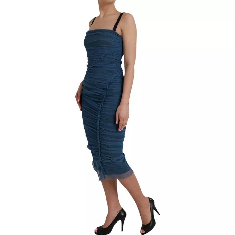 Dolce & Gabbana Blue Mesh Trim Ruched Tulle Sheath Dress - Hilstor
