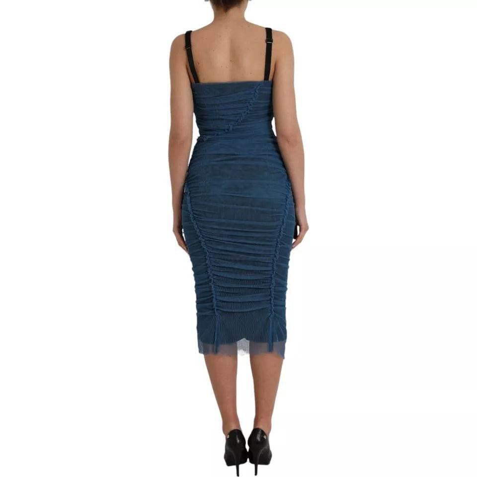 Dolce & Gabbana Blue Mesh Trim Ruched Tulle Sheath Dress - Hilstor