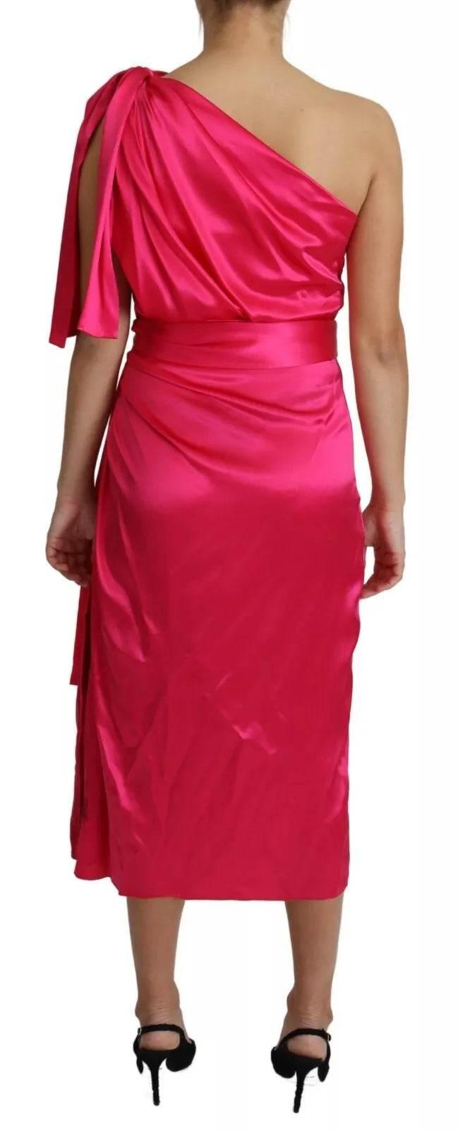 Dolce & Gabbana Fuchsia Fitted Cut One Shoulder Midi Dress - Hilstor