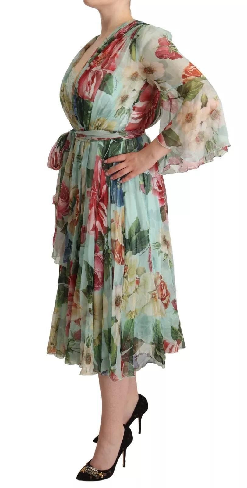 Dolce & Gabbana Green Floral Long Sleeve V-neck Midi Dress - Hilstor