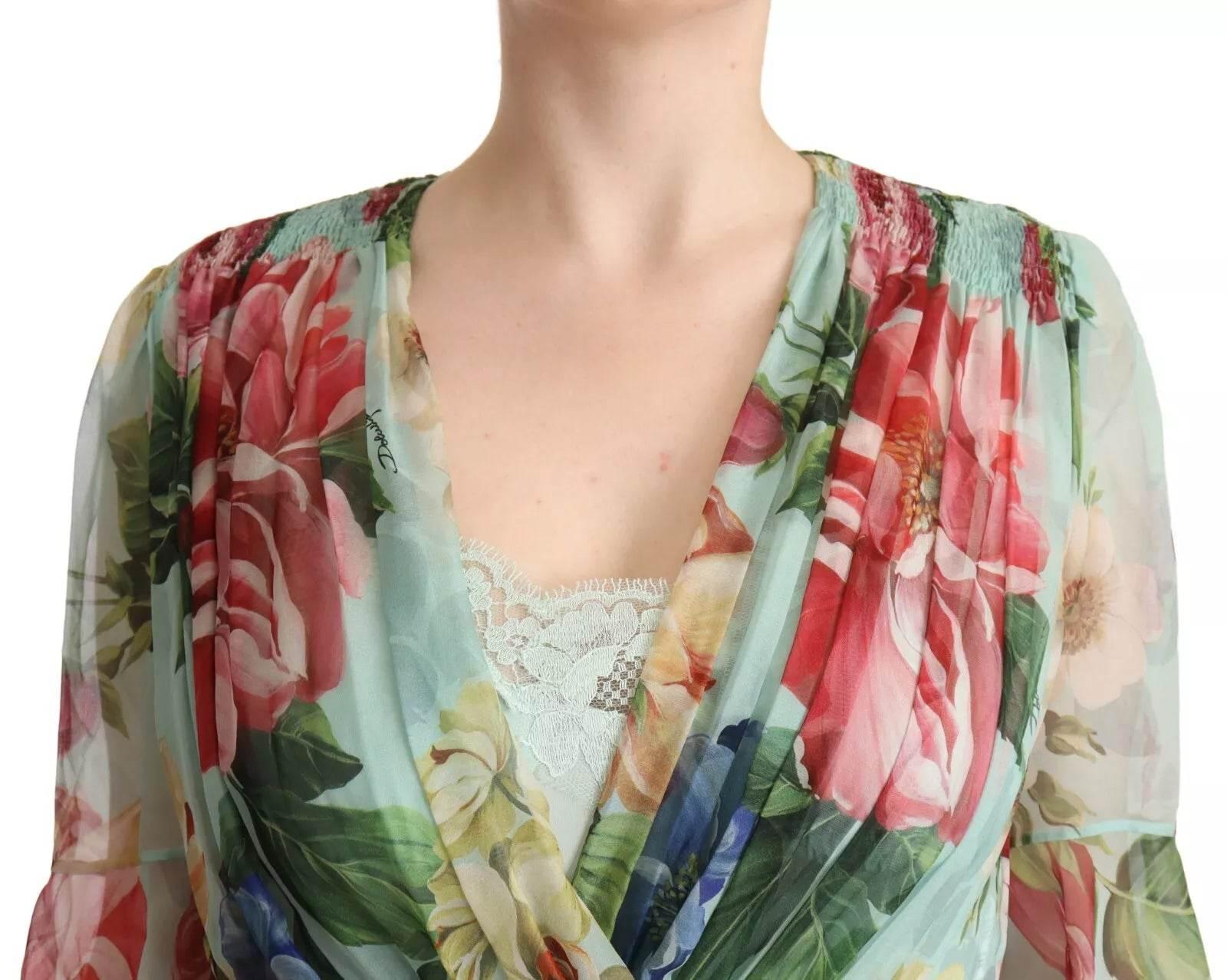Dolce & Gabbana Green Floral Long Sleeve V-neck Midi Dress - Hilstor