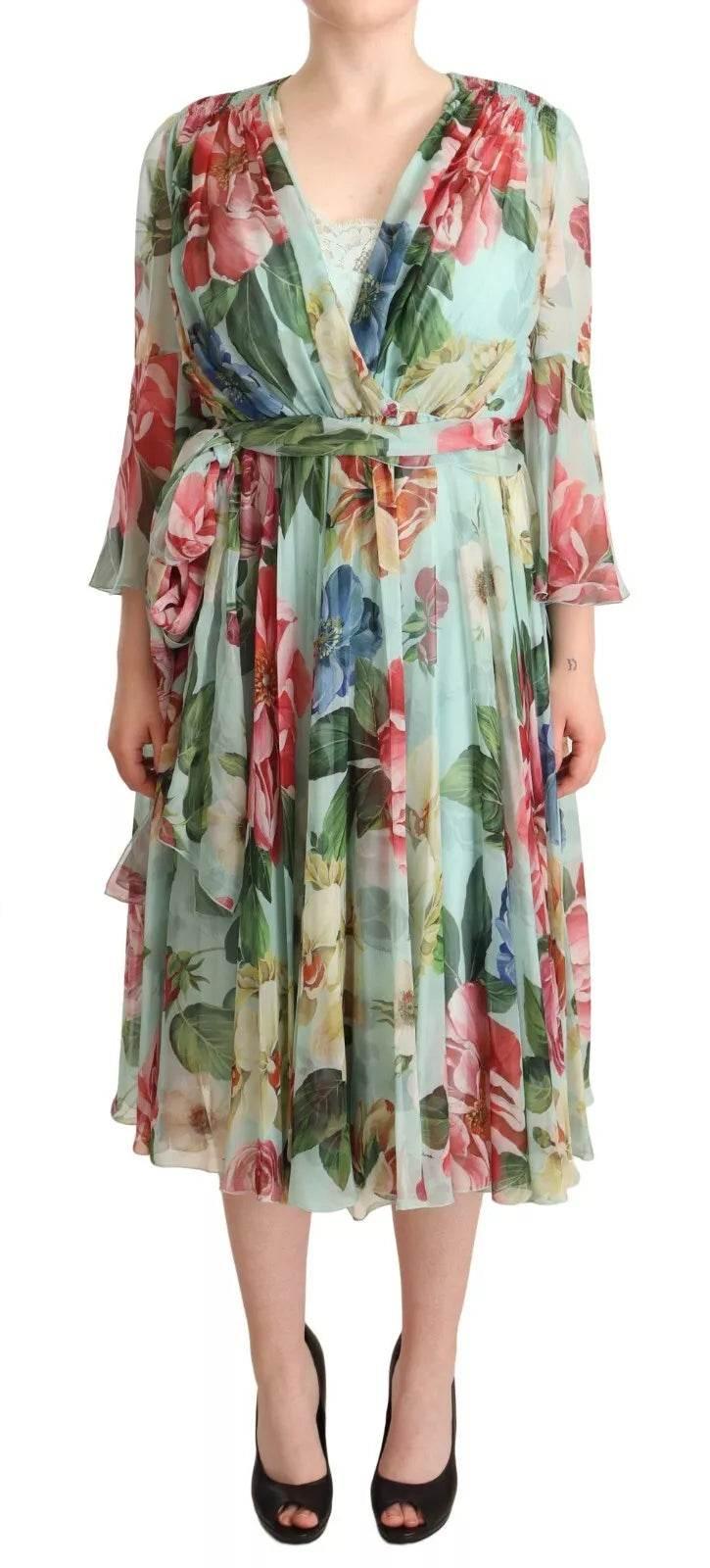 Dolce & Gabbana Multicolor Green Silk Wrap Gown Dress - Hilstor