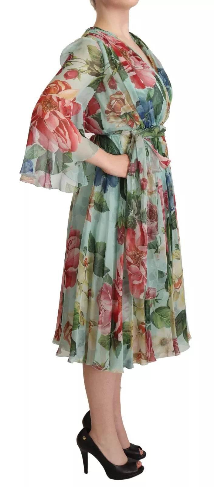 Dolce & Gabbana Multicolor Green Silk Wrap Gown Dress - Hilstor