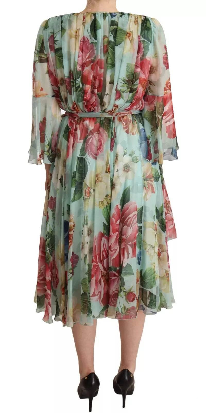 Dolce & Gabbana Multicolor Green Silk Wrap Gown Dress - Hilstor