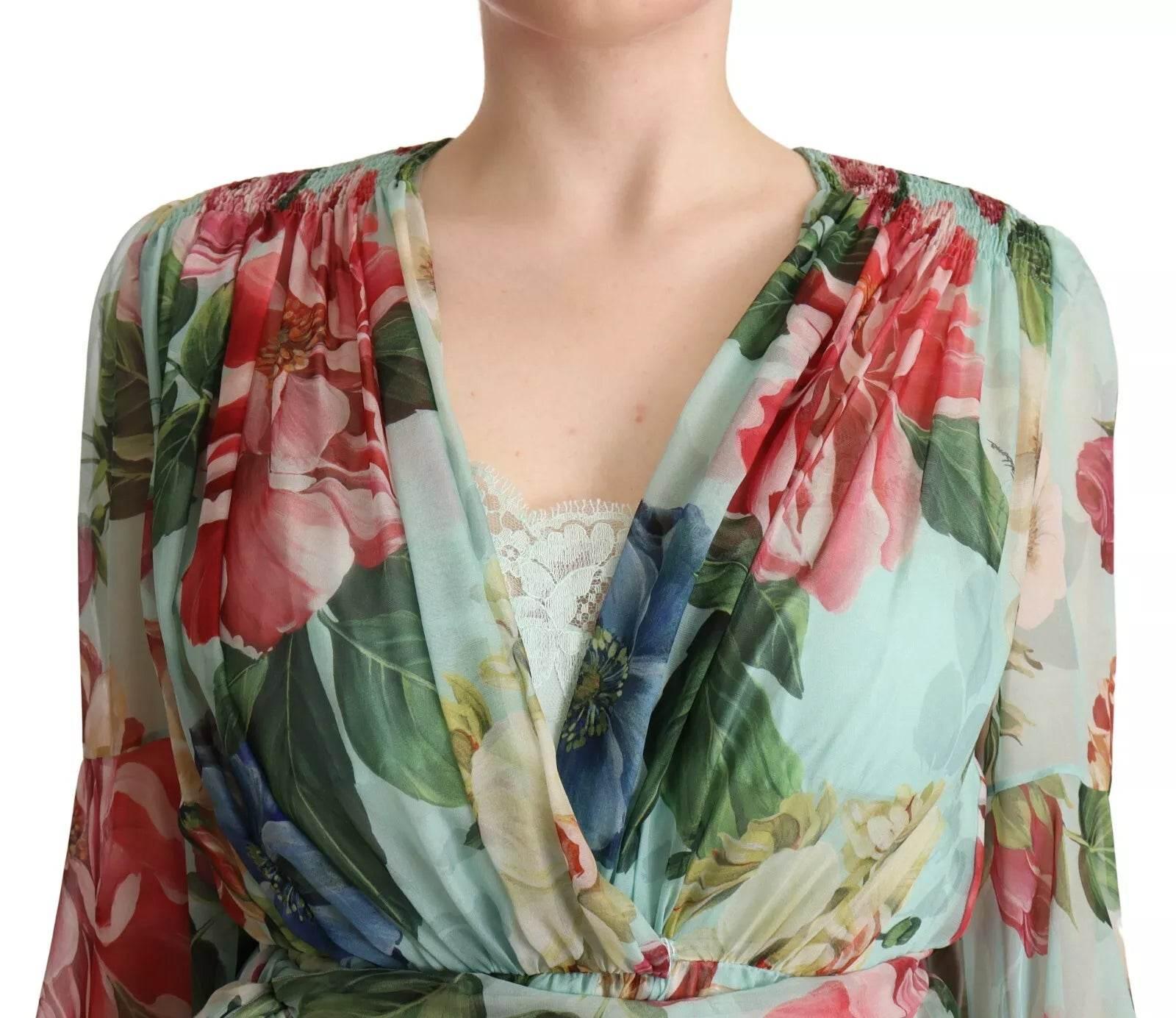 Dolce & Gabbana Multicolor Green Silk Wrap Gown Dress - Hilstor