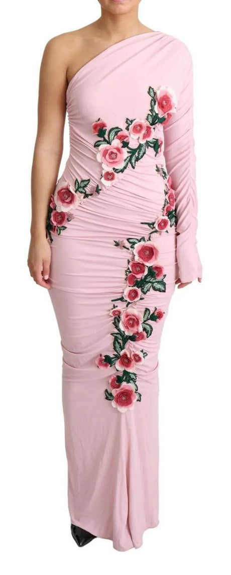 Dolce & Gabbana Pink Flower Embellished One Shoulder Dress - Hilstor