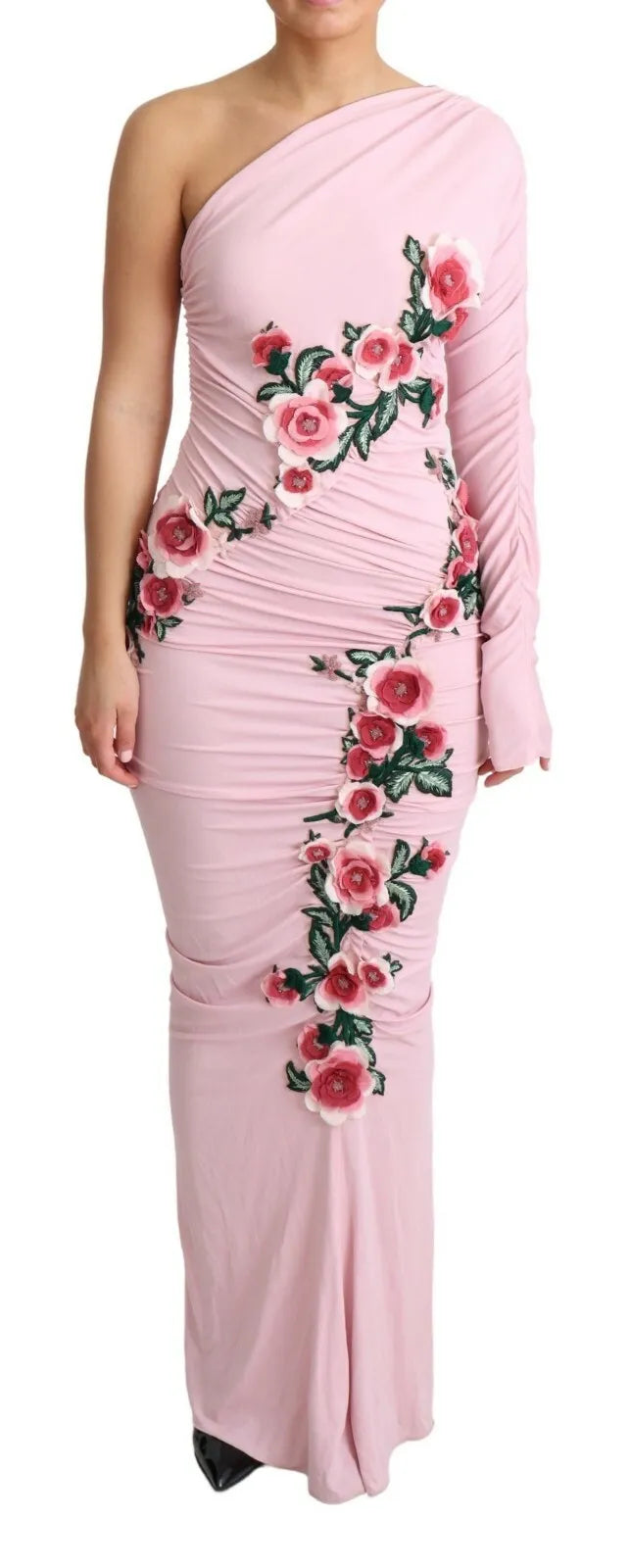 Dolce &amp; Gabbana Pink Flower Embellished One Shoulder Kjole