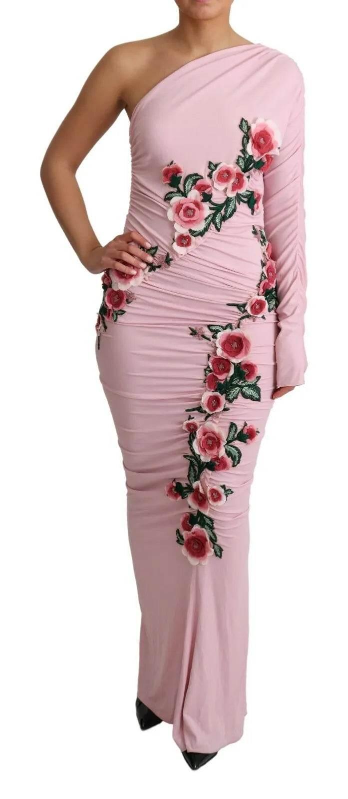 Dolce & Gabbana Pink Flower Embellished One Shoulder Dress - Hilstor