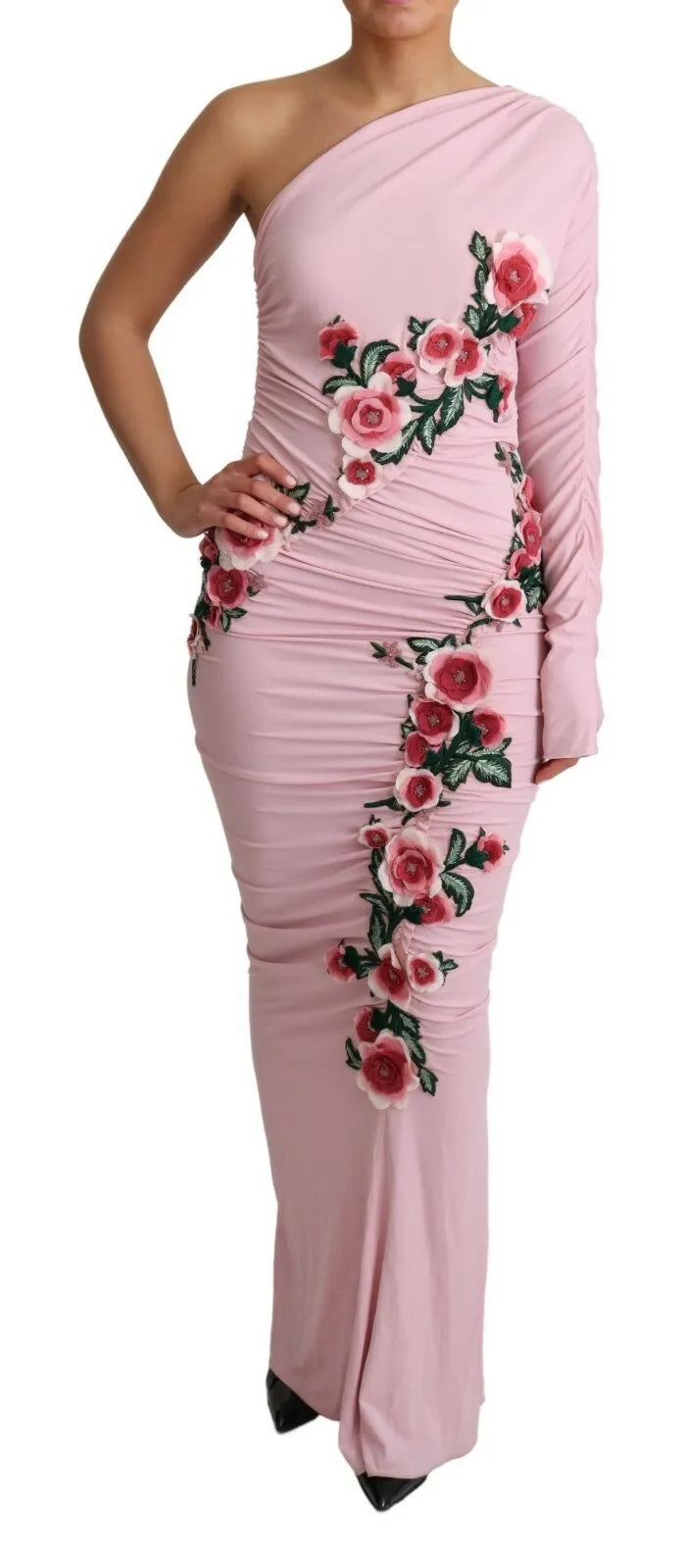 Dolce &amp; Gabbana Pink Flower Embellished One Shoulder Kjole