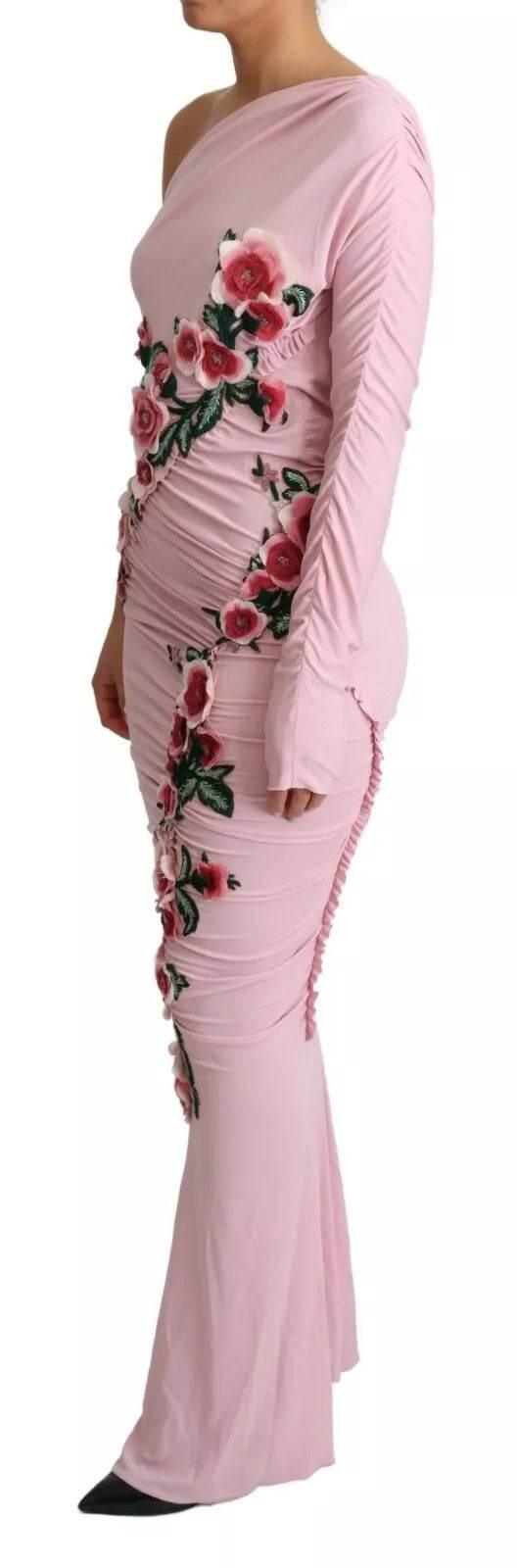 Dolce & Gabbana Pink Flower Embellished One Shoulder Dress - Hilstor