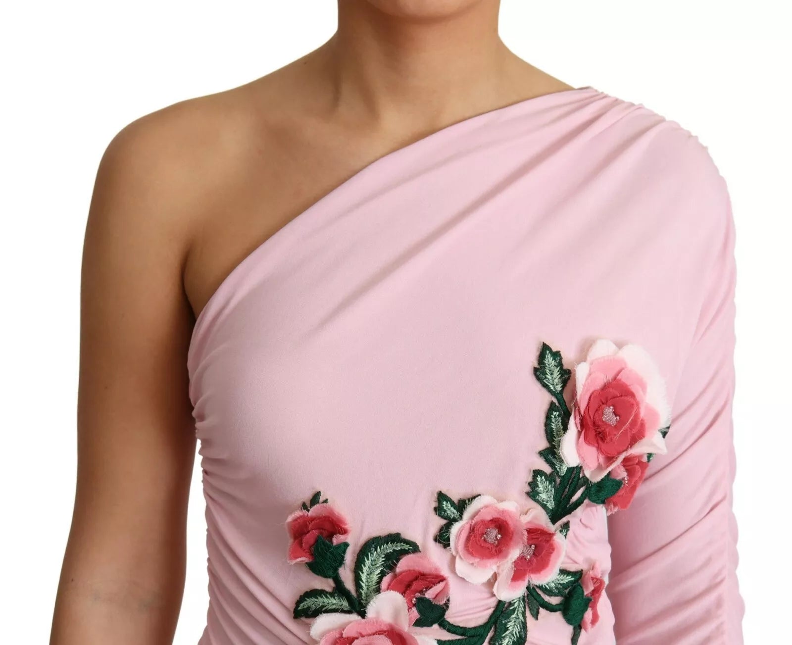 Dolce &amp; Gabbana Pink Flower Embellished One Shoulder Kjole