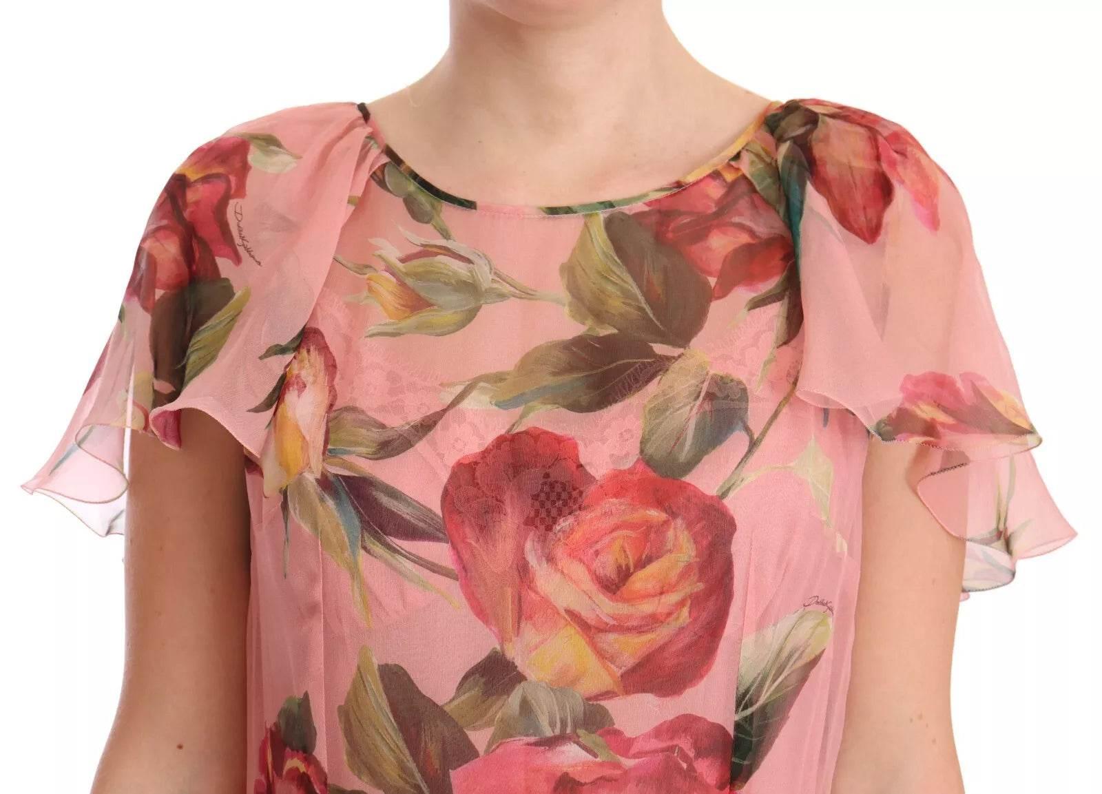 Dolce & Gabbana Pink Silk Floral Print Layered Maxi Dress - Hilstor