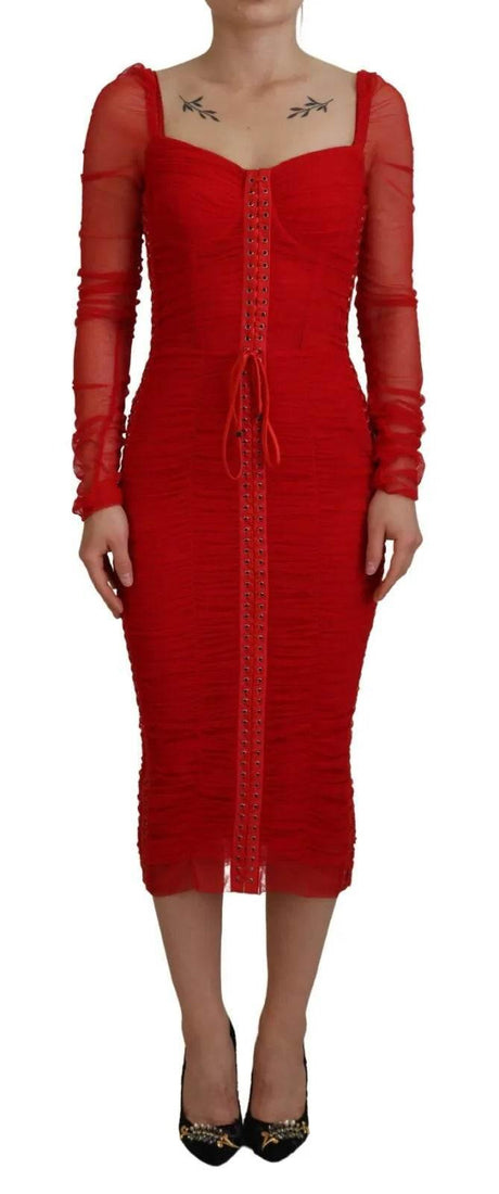Dolce & Gabbana Red Mesh Trim Bodycon Sheath Midi Dress - Hilstor