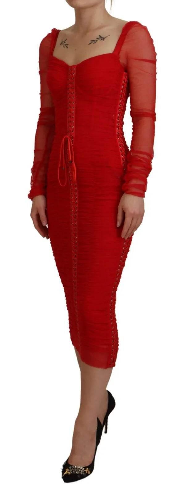 Dolce & Gabbana Red Mesh Trim Bodycon Sheath Midi Dress - Hilstor
