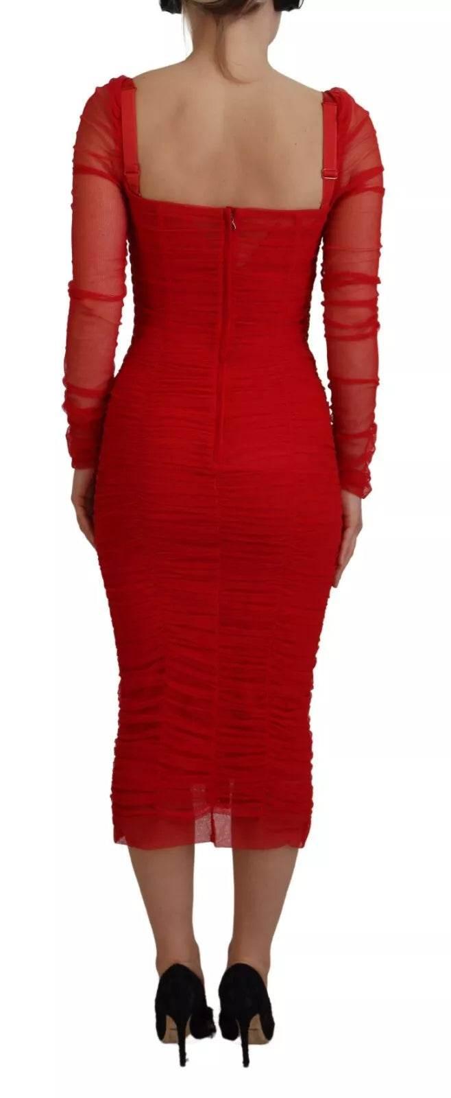 Dolce & Gabbana Red Mesh Trim Bodycon Sheath Midi Dress - Hilstor