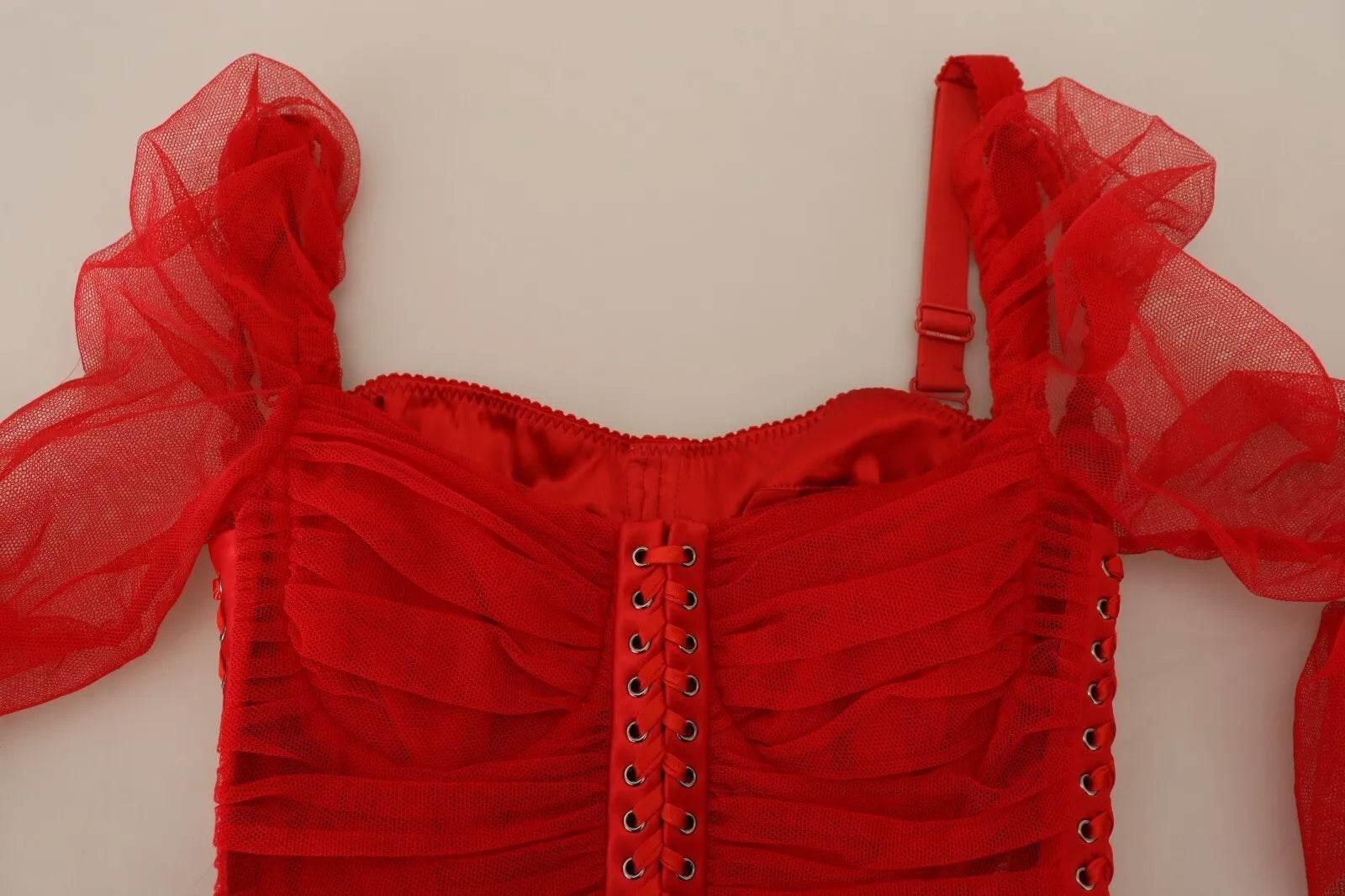 Dolce & Gabbana Red Mesh Trim Bodycon Sheath Midi Dress - Hilstor