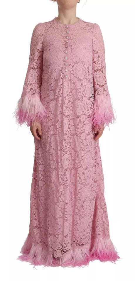 Dolce & Gabbana Shift Lilac Lace Feathers Long Sleeves Dress - Hilstor