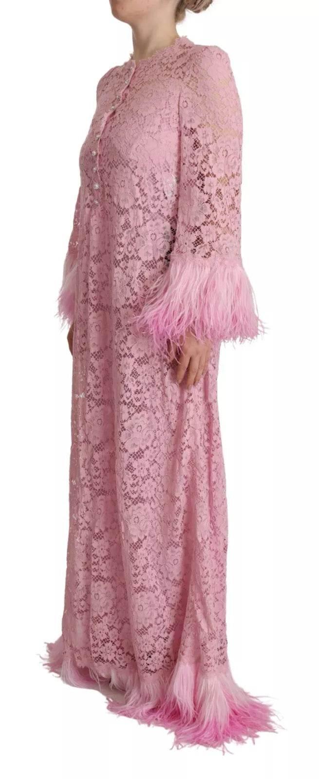 Dolce & Gabbana Shift Lilac Lace Feathers Long Sleeves Dress - Hilstor