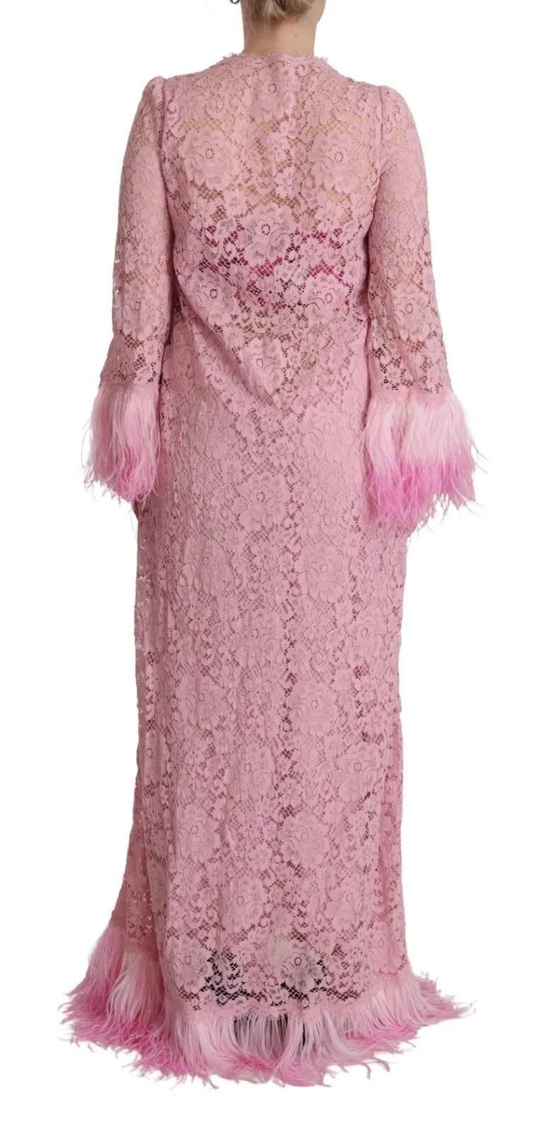 Dolce & Gabbana Shift Lilac Lace Feathers Long Sleeves Dress - Hilstor