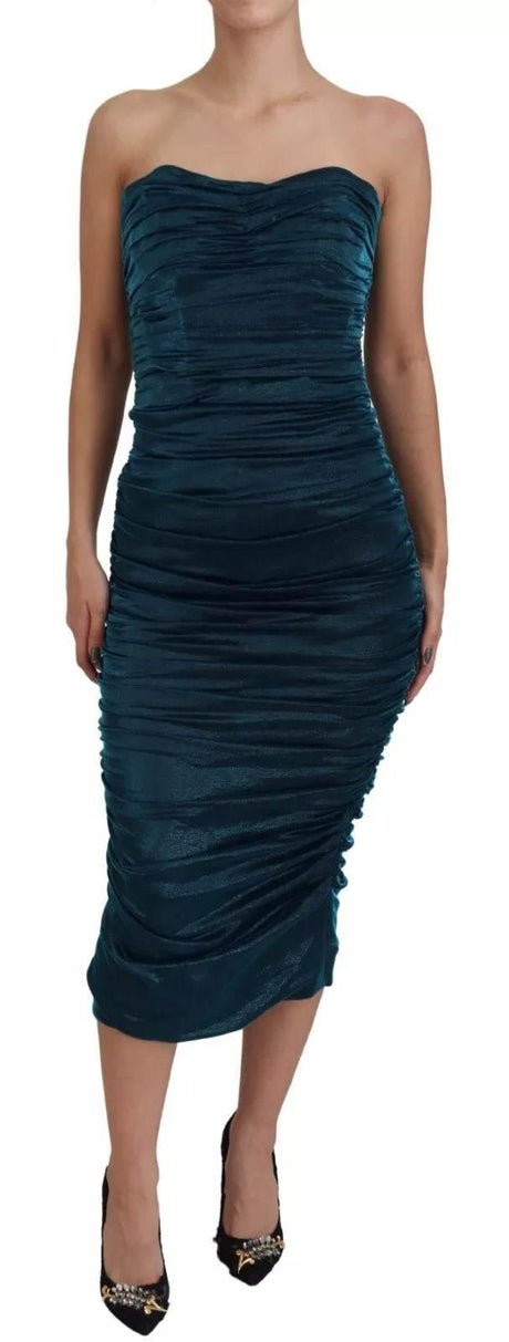 Dolce & Gabbana Silk Blend Blue Satin Fitted Strapless Dress - Hilstor