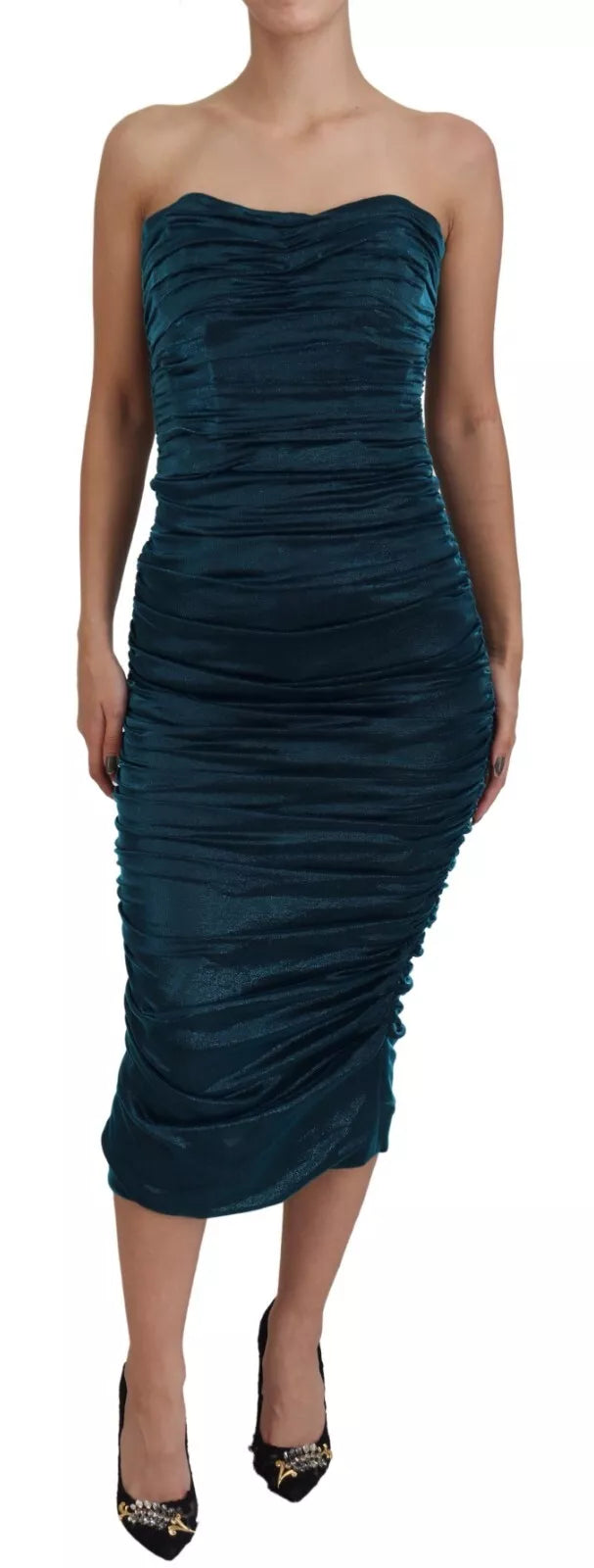Dolce &amp; Gabbana Silke Blend Blue Satin Fitted Strapless Kjole