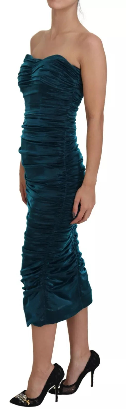 Dolce &amp; Gabbana Silke Blend Blue Satin Fitted Strapless Kjole