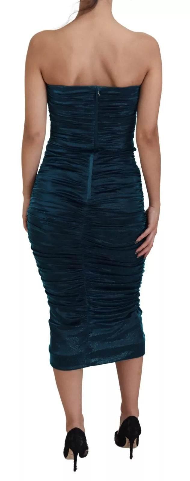 Dolce & Gabbana Silk Blend Blue Satin Fitted Strapless Dress - Hilstor