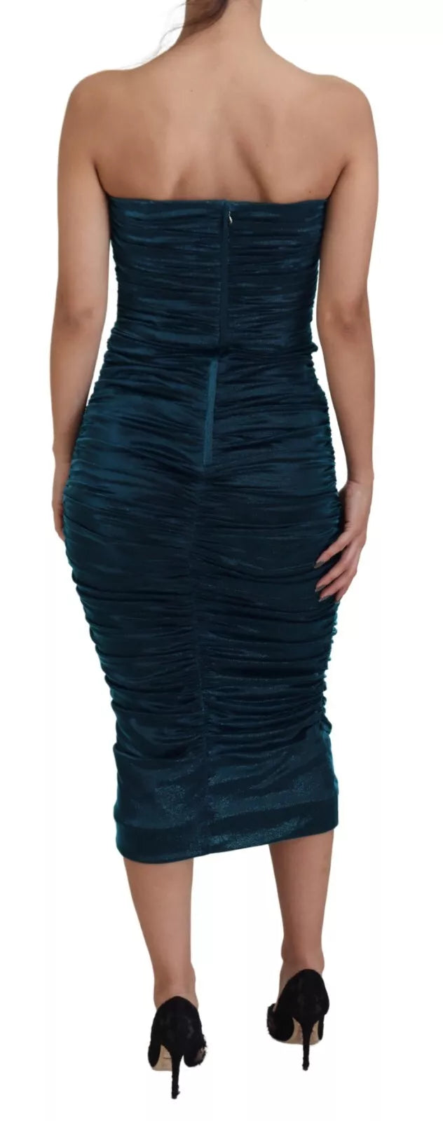 Dolce &amp; Gabbana Silke Blend Blue Satin Fitted Strapless Kjole