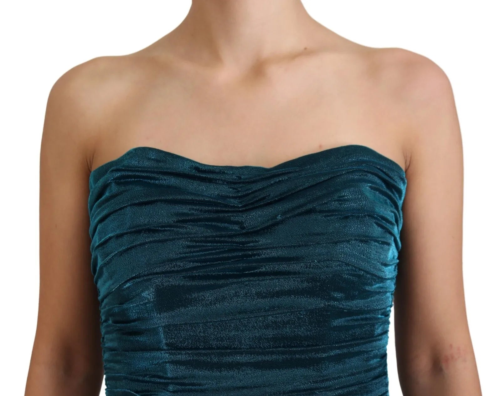Dolce &amp; Gabbana Silke Blend Blue Satin Fitted Strapless Kjole