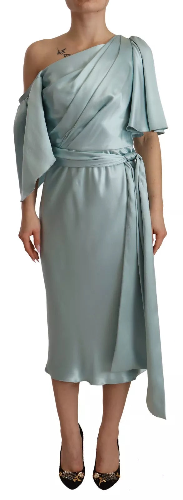 Dolce &amp; Gabbana Silk Mint Green Fit Cut One Shoulder Midi-kjole