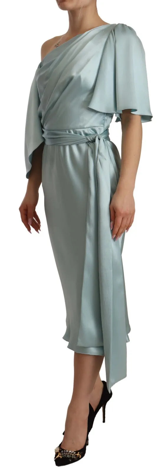 Dolce &amp; Gabbana Silk Mint Green Fit Cut One Shoulder Midi-kjole