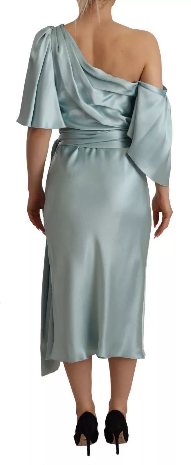 Dolce &amp; Gabbana Silk Mint Green Fit Cut One Shoulder Midi-kjole