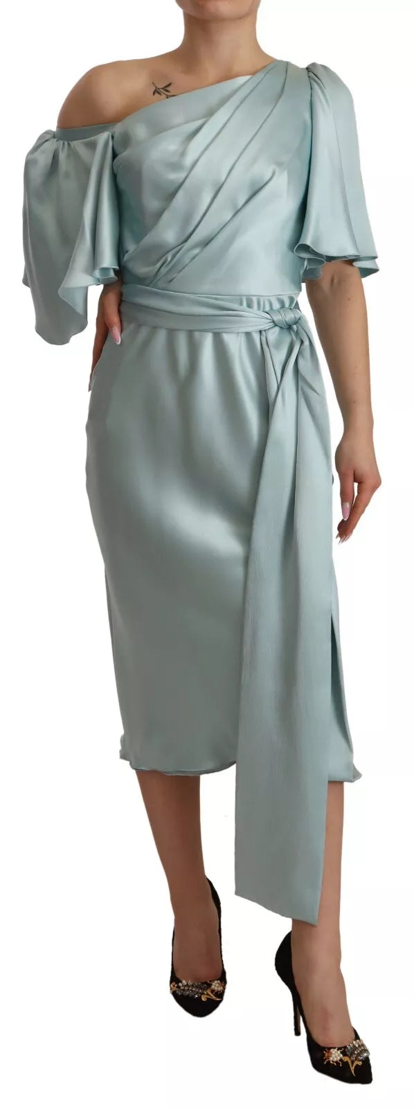 Dolce &amp; Gabbana Silk Mint Green Fit Cut One Shoulder Midi-kjole