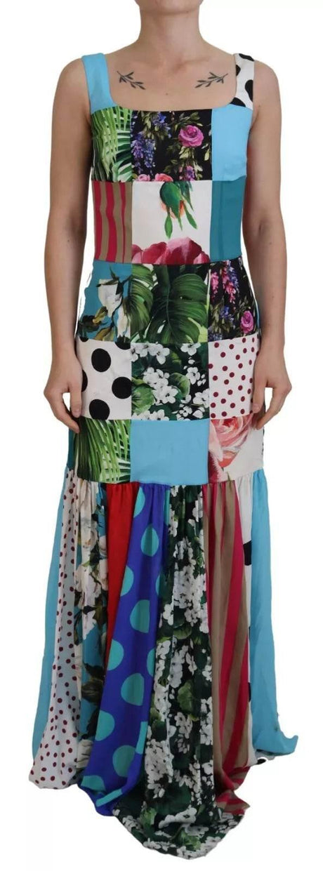 Dolce & Gabbana Silk Multicolor Patchwork Sheath Maxi Dress - Hilstor