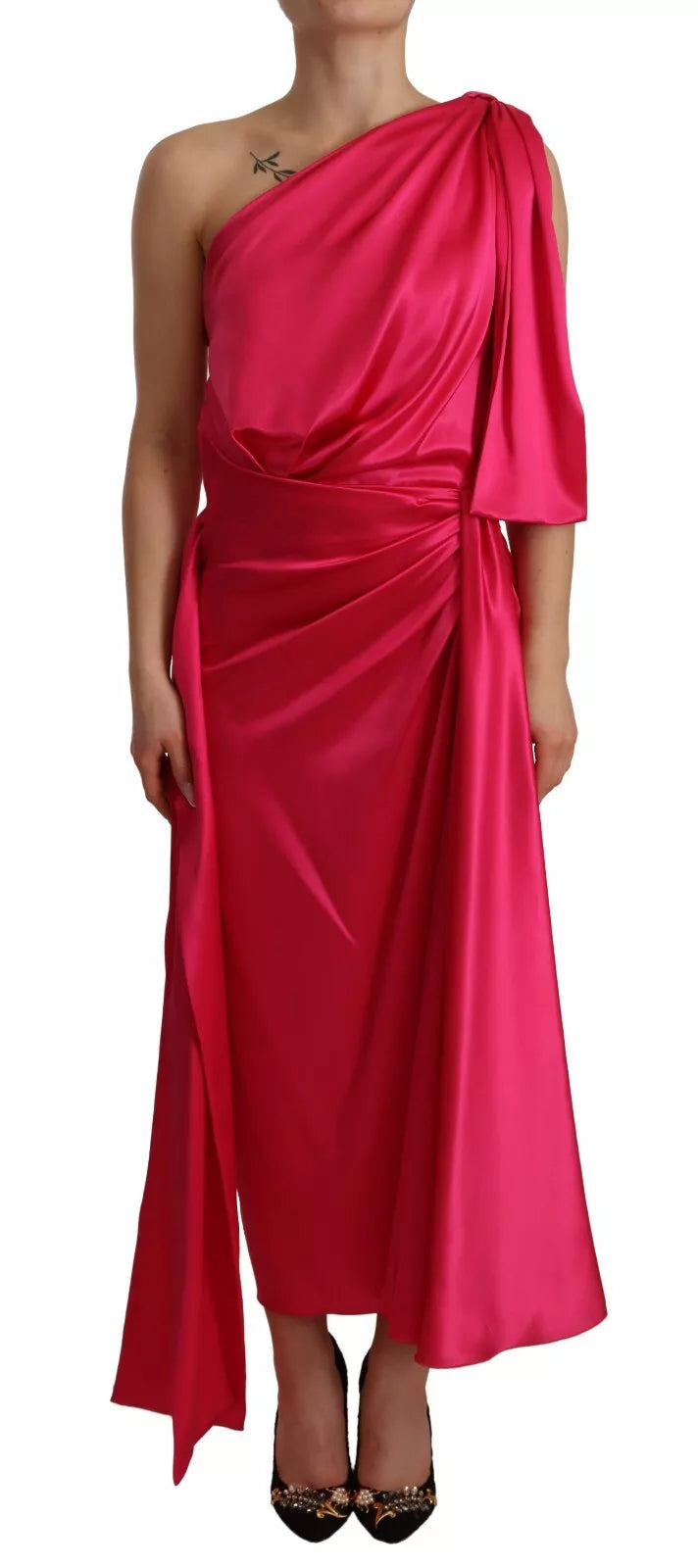 Dolce &amp; Gabbana Silke Pink Fitted Cut One Shoulder Midi-kjole