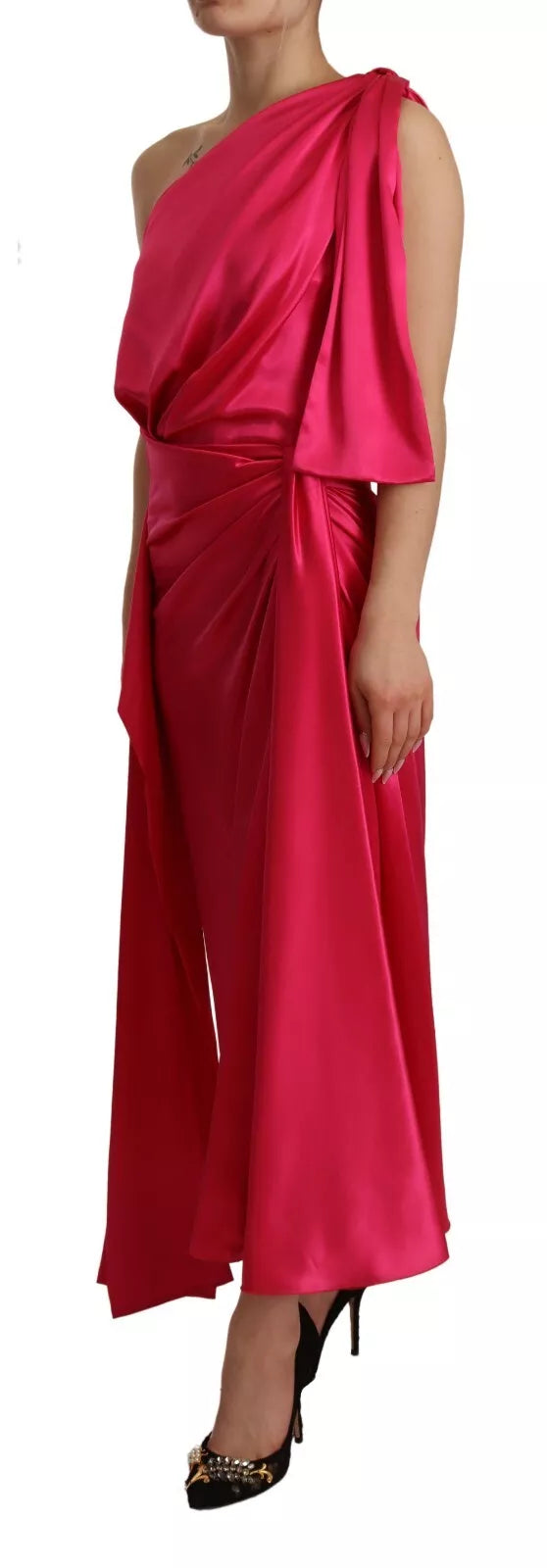 Dolce &amp; Gabbana Silke Pink Fitted Cut One Shoulder Midi-kjole
