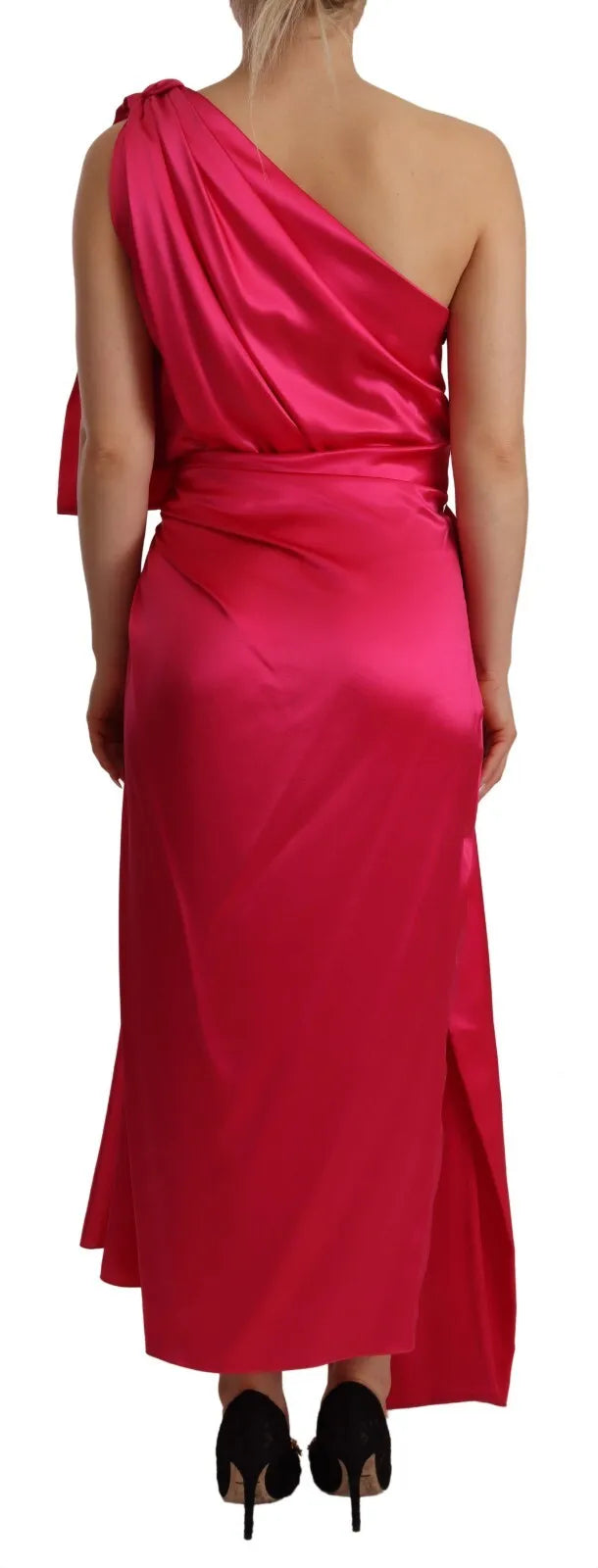 Dolce &amp; Gabbana Silke Pink Fitted Cut One Shoulder Midi-kjole