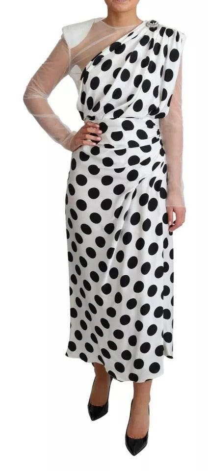 Dolce & Gabbana White Polka Dots Crystal One Shoulder Dress - Hilstor