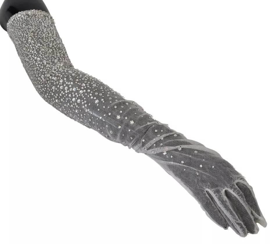Dolce & Gabbana White Crystal Elbow Length Cotton Tulle Gloves - Hilstor