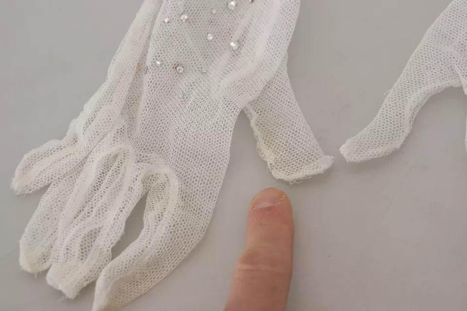 Dolce & Gabbana White Crystal Elbow Length Cotton Tulle Gloves - Hilstor