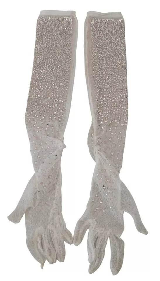 Dolce & Gabbana White Crystal Elbow Length Cotton Tulle Gloves - Hilstor