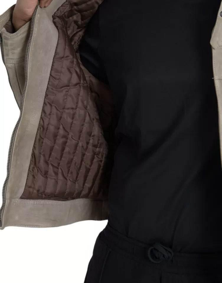 Dolce & Gabbana Beige Leather Full Zip Biker Coat Jacket - Hilstor