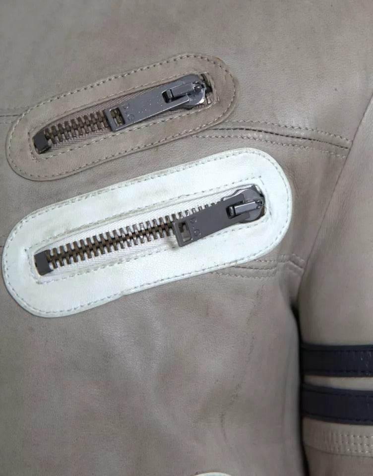 Dolce & Gabbana Beige Leather Full Zip Biker Coat Jacket - Hilstor