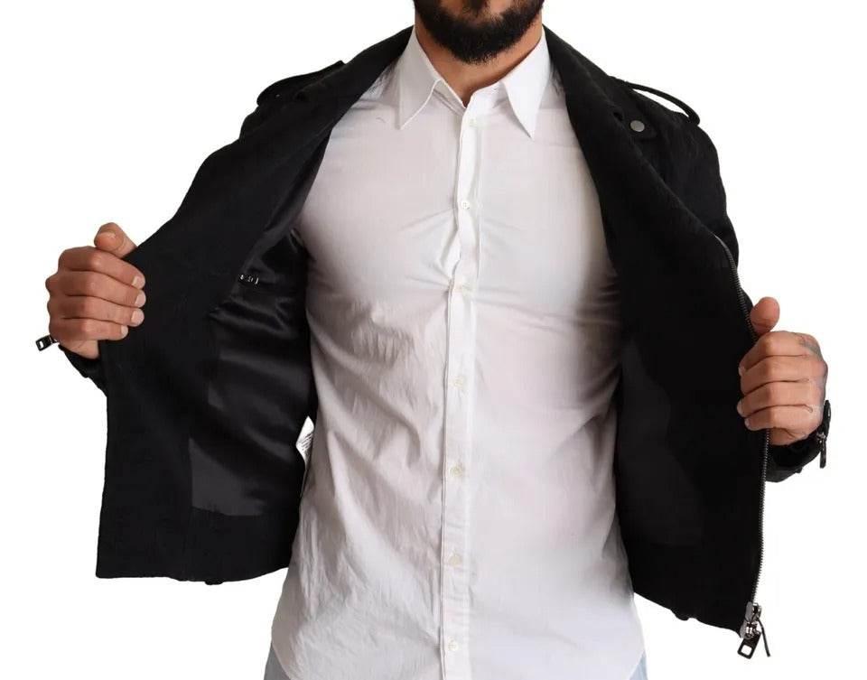 Dolce & Gabbana Black Brocade Full Zip Biker Coat Jacket - Hilstor