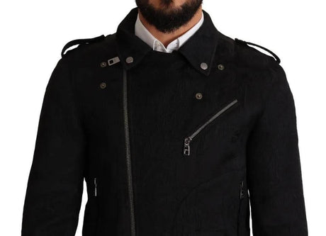Dolce & Gabbana Black Brocade Full Zip Biker Coat Jacket - Hilstor