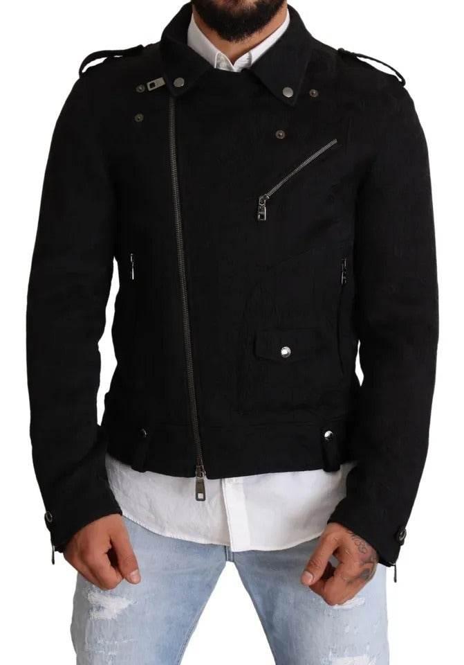 Dolce & Gabbana Black Brocade Full Zip Biker Coat Jacket - Hilstor