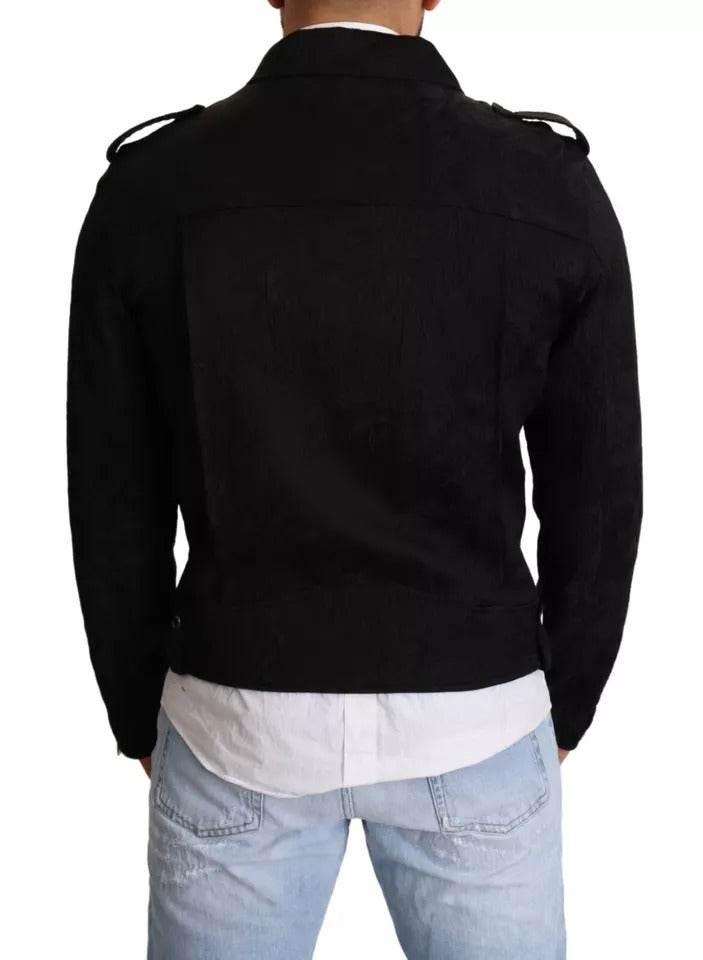 Dolce & Gabbana Black Brocade Full Zip Biker Coat Jacket - Hilstor